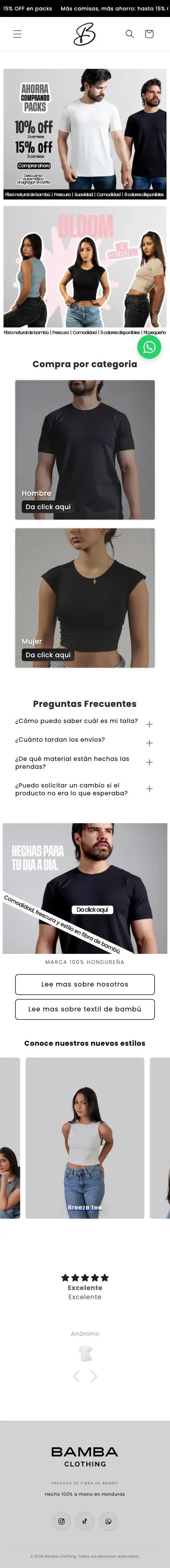 Tienda online Bamba después de su rediseño, captura completa del sitio móvil
